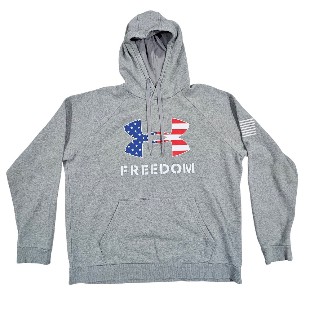 Under Armour Freedom Men Large Gray Freedom Hoodie Sweatshirt Raglan Logo